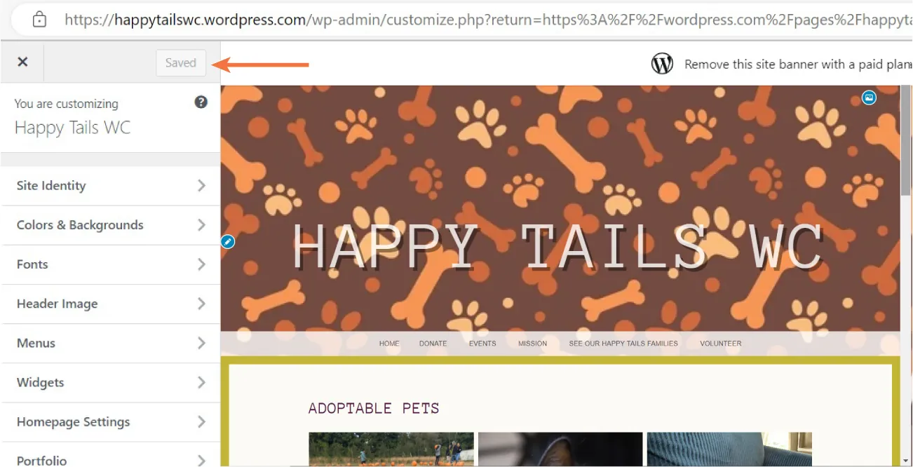 A happytailswc.wordpress.com site page is visible with a Saved button highlighted at the top. Editing options list at the left with images of the site and selection tabs at the right.