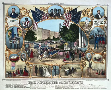 An illustration depicts a series of scenes and portraits, shown in gilded frames and surrounded by American flags, relating to Black rights and the passage of the Fifteenth Amendment. A large central scene shows the parade celebrating the Fifteenth Amendment’s passage. In the upper corners, portraits of Ulysses S. Grant and Schuyler Colfax are shown. Other scenes include a Black man reading the Emancipation Proclamation; three Black men with Masonic paraphernalia (labeled “We Unite in the Bonds of Fellowship with the Whole Human Race”); a Bible (labeled “Our Charter of Rights”); a Black classroom scene (labeled “Education Will Prove the Equality of the Races”); a Black pastor preaching to a congregation (labeled “The Holy Ordinances of Religion Are Free”); two free Blacks tilling their own fields; a Black officer commanding his troops (labeled “We Will Protect Our Country as It Defends Our Rights”); a Black man reading to his family (labeled “Freedom Unites the Family Circle”); a Black wedding ceremony (labeled “Liberty Protects the Marriage Alter”); a Black man voting (labeled “The Ballot Box Is Open To Us”); and Hiram Revels in the House of Representatives (labeled “Our Representative Sits in the National Legislature”). Other individual portraits include Abraham Lincoln, Hiram Revels, Martin Delany, Frederick Douglass, and John Brown.
