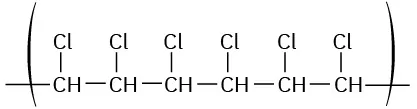 The polymer enclosed in parentheses shows a chain of six C-H groups. Each carbon is bonded to a chlorine atom.