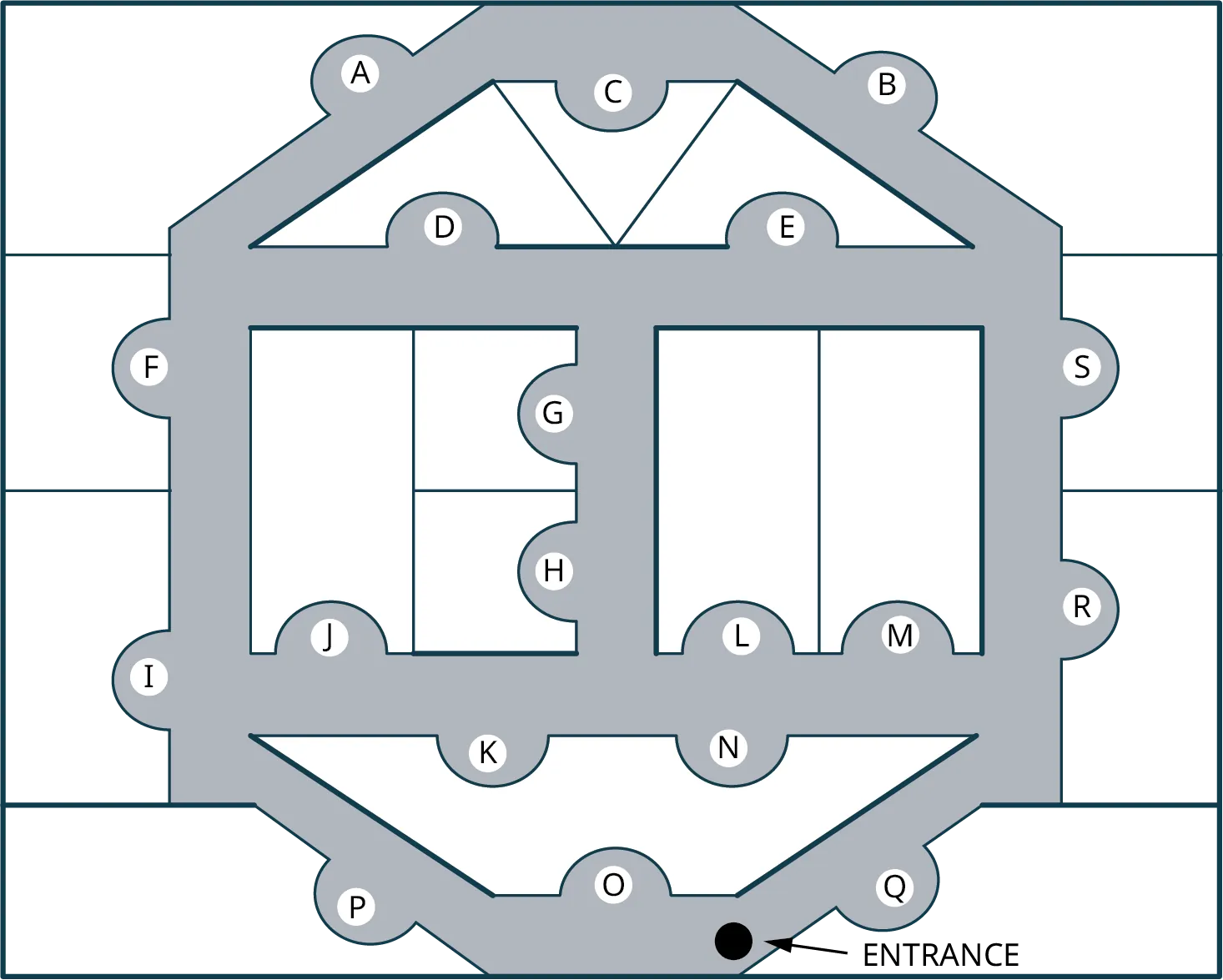 A map of aquarium exhibits. The vertices are labeled A to S. The entrance is at the bottom.