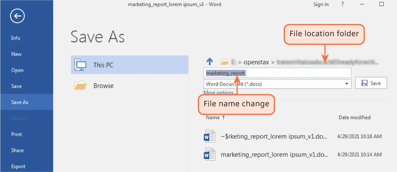 Save As is selected, then This PC, opening to the File location folder. The name is being changed to marketing_report(*.docx). Below the bar are other versions of the report and Date modified.