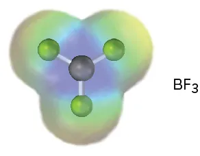 The electrostatic potential map of B F 3 shows a ball-and-stick model at the center, in which gray and green spheres represent boron and fluorine atoms, respectively.