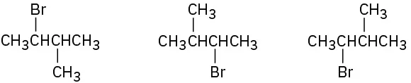 Three structures with alkane groups are represented. The structure that represent the same compound and different compounds have to be identified.