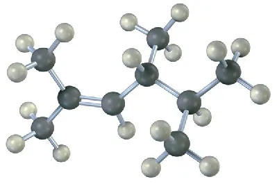 The ball-and-stick model has a 6-carbon chain. C2 is double bonded to C3. C2, C4, and C5 are each bonded to a methyl group.