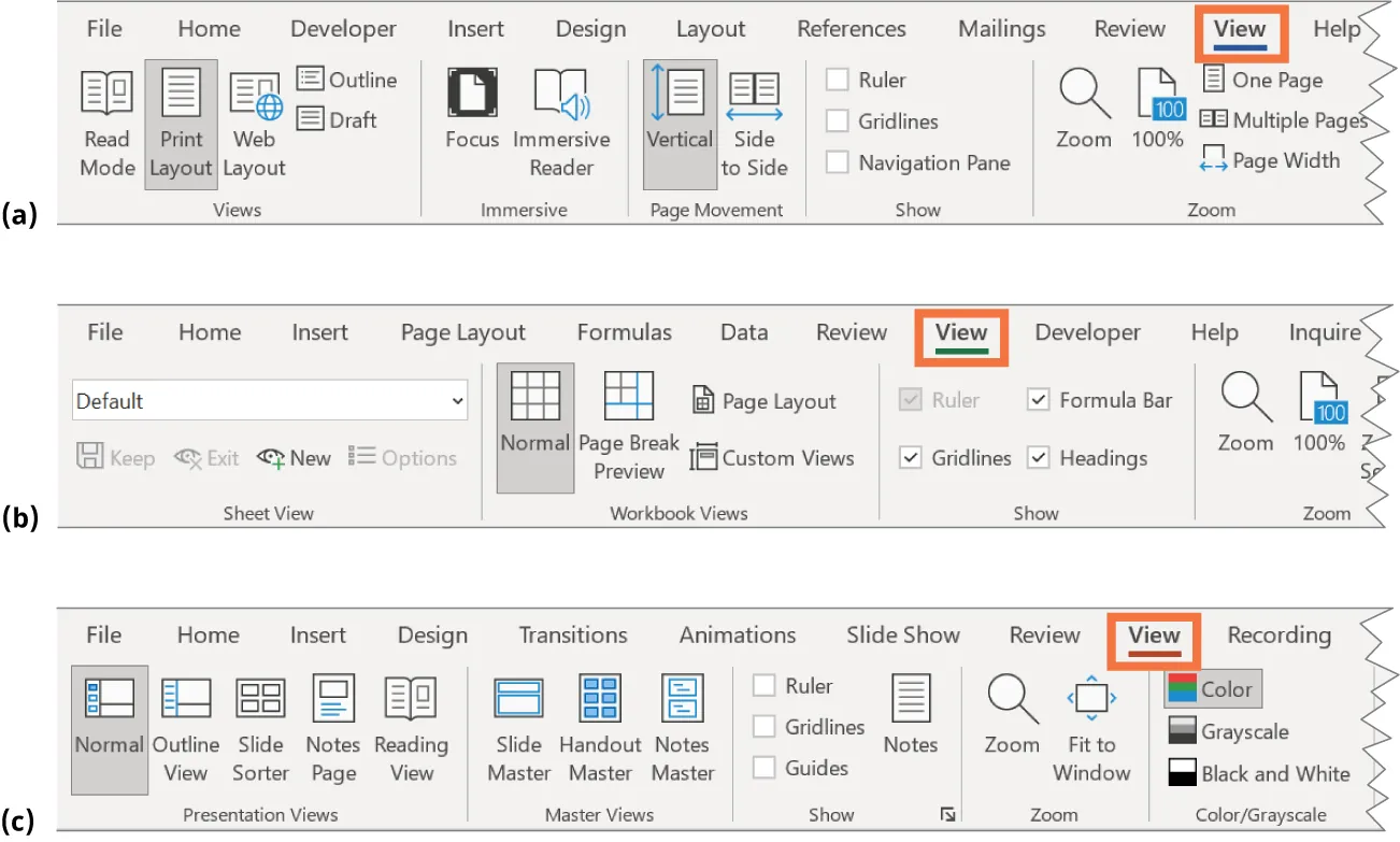(a) Word View tab includes Views, Immersive, Page Movement, Show, Zoom. (b) Excel View tab includes Sheet/Workbook Views, Show, Zoom. (c) PowerPoint View tab includes Presentation/Master Views, Show, Zoom, Color/Grayscale.