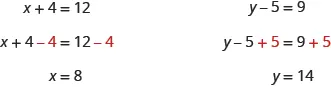 This figure has two columns. The first column has the equation x plus 4 equals 12. Underneath there is x plus 4 minus 4 equals 12 minus 4. Under this there is x equals 8. The second column has the equation y minus 5 equals 9. Underneath there is the equation y minus 5 plus 5 equals 9 plus 5. Under this there is y equals 14.