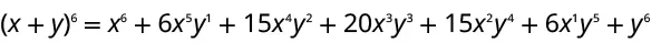The image shows the binomial expansion of (x+y) raised to the power of 6, which equals x^6 + 6x^5y^1 + 15x^4y^2 + 20x^3y^3 + 15x^2y^4 + 6x^1y^5 + y^6.