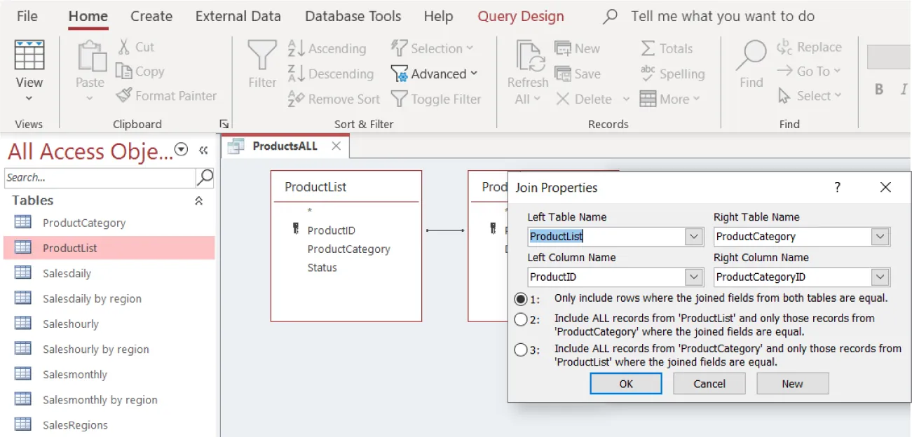 Join Properties pane displays: Left Table Name (ProductList), Right Table Name (ProductCategory), Left Column Name (ProductID),Right Column Name (ProductCategoryID). Only include rows where the joined fields from both tables are equal (selected).