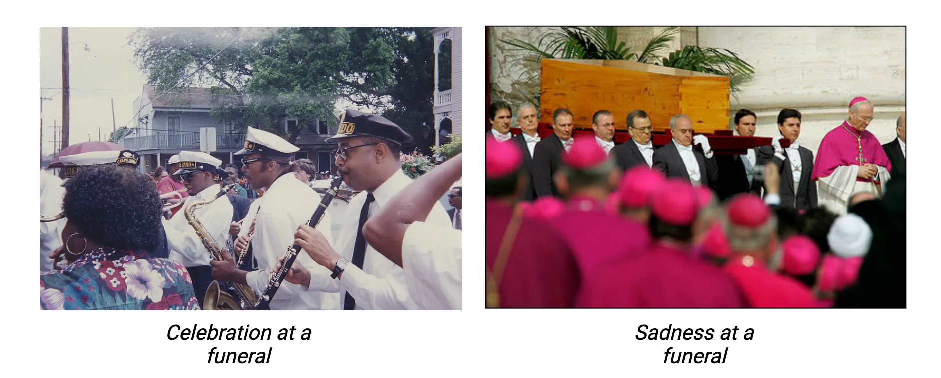 Left: Left: photo of several people playing woodwind and brass instruments in a crowd of people; Right: photo of somber funeral procession with religious official leading.