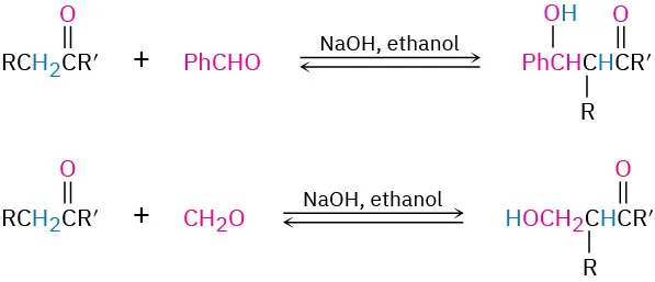 A ketone reacts with phenylaldehyde and sodium hydroxide, ethanol to form a compound with hydroxyl and keto. A ketone reacts with formaldehyde to form a compound with alcohol.