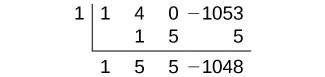 A synthetic division calculation is shown where a polynomial with coefficients 1, 4, 0, and -1053 is divided by (x-1). The result of the division yields a quotient with coefficients 1, 5, 5, and a remainder of -1048.