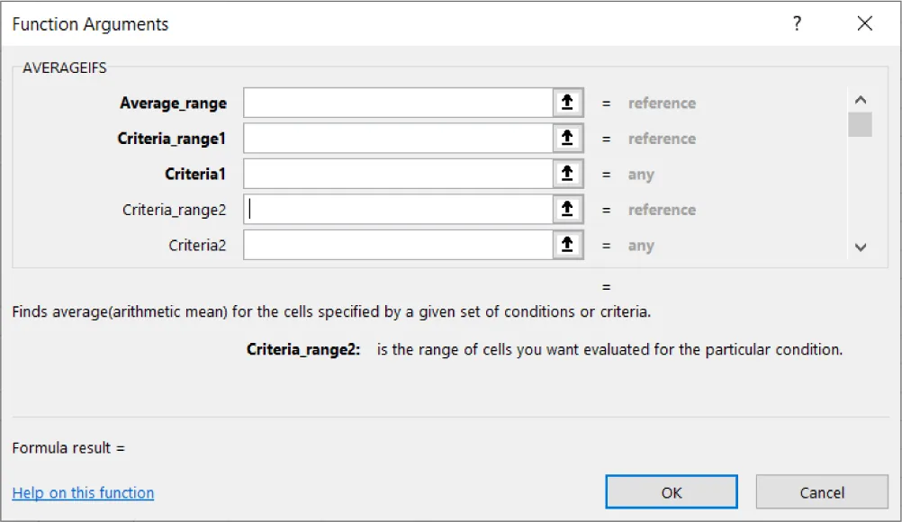Function Arguments pane displays options in AVERAGEIFS category: Average_Range, Criteria_range1, Criteria1, Criteria_range2, Criteria2. Below reads, finds average(arithmetic mean) for the cells specified by a given condition or criteria.