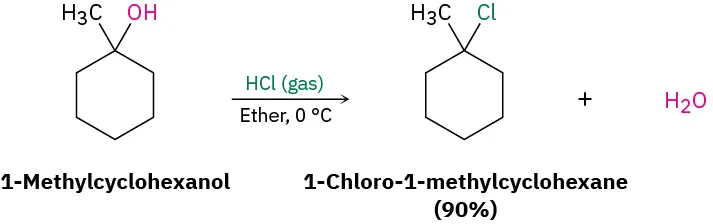 The reaction of 1-methylcyclohexanol with HCl (gas) and ether at 0 degrees Celcius forms 1-chloro-1-methylcyclohexane (90%) and water.
