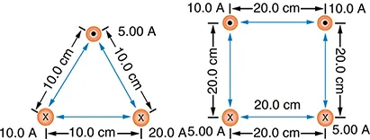 Figure a shows the cross sections of three wires that are parallel to each other and arranged in an equilateral triangle. The bottom left wire has current of ten point zero amps into the page. The bottom right wire has a current of twenty point zero amps also into the page. The wire at the top of the triangle has current five point zero amps out of the page. The triangle that the wires make with each other is ten point zero centimeters on each side. Figure b shows four parallel wires arranged in a square that is twenty point zero centimeters on a side. The top two wires have current of ten point zero amps out of the page. The bottom two wires have current of five point zero amps into the page.