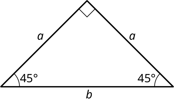 A right triangle. The legs are labeled a and b. The hypotenuse is labeled c. The angles at the top, bottom-left, and bottom-right are labeled 90 degrees, 45 degrees, and 45 degrees.