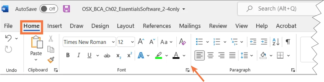 Font command group includes Font, Font Size, Increase and Decrease Font Size, Change Case, Clear All Formatting, Bold, Italic, Underline, Strikethrough, Subscript, Superscript, Text Effects and Typography, Text Highlight Color, Font Color.