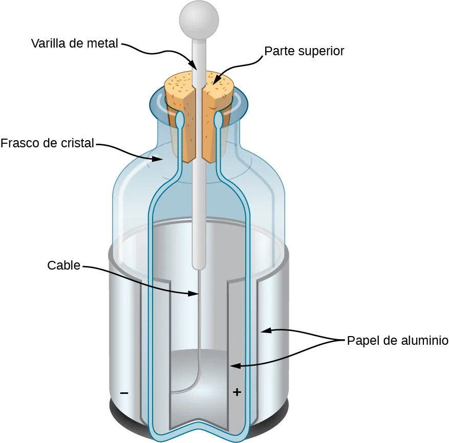 Esta figura es una ilustración de una Botella de Leyden. Se envuelve una capa de papel de aluminio alrededor de las superficies exterior e interior de una botella de cristal. En la lámina interior hay un alambre conectado a una varilla de metal que se extiende a través de un tapón en la parte superior de la botella. La lámina interior está marcada como de carga positiva y la exterior como de carga negativa.