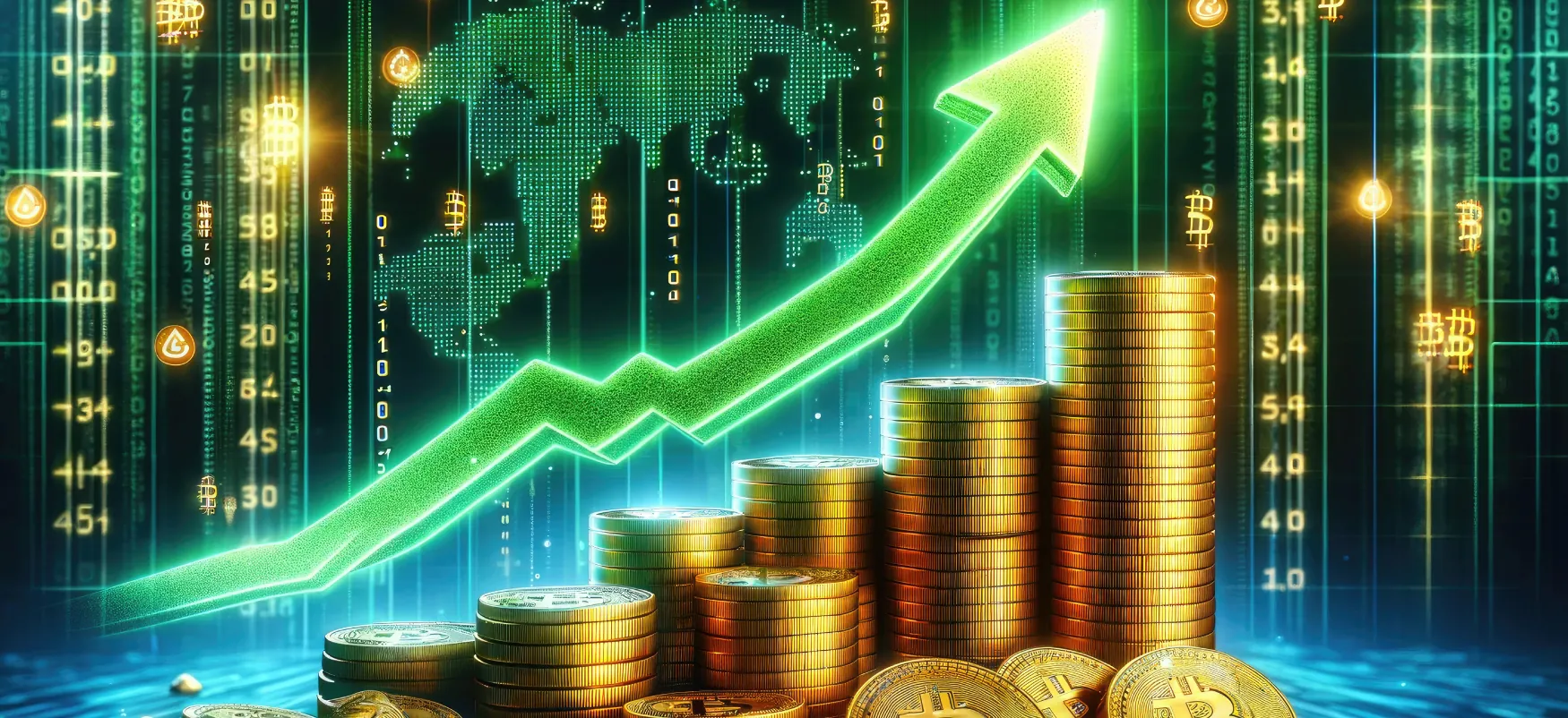 Stacks of coins in front of a computer screen with a green arrow rising from left to right.
