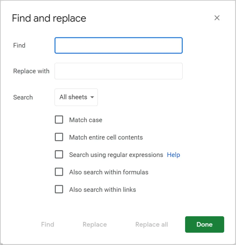 Find and replace window displays these options: Find, Replace with, Search (drop-down), Match case, Match entire cell contents, Search using regular expressions (Help), Also search within formulas, and Also search within links.