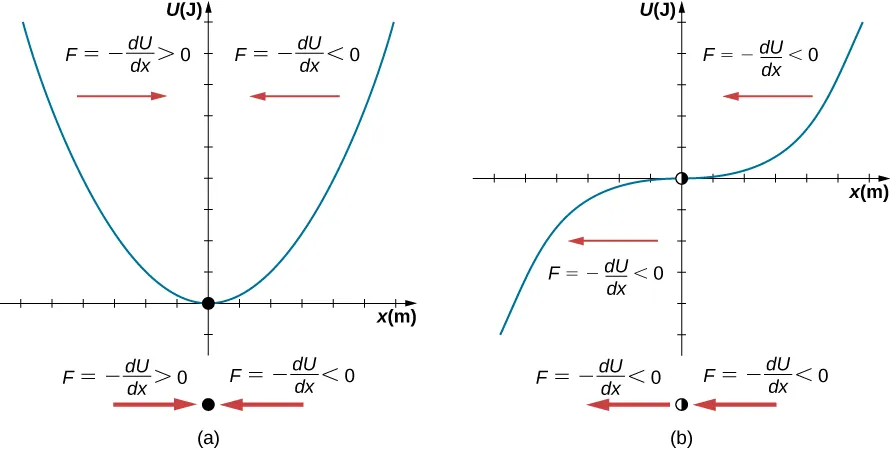 Two graphs of U in Joules on the vertical axis as a function of x in meters on the horizontal axis. In figure a, U of x is an upward opening parabola whose vertex is marked with a black dot and is at x=0, U=0. The region of the graph to the left of x=0 is labeled with a red arrow pointing to the right and the equation F equals minus the derivative of U with respect to x is greater than zero. The region of the graph to the right of x=0 is labeled with a red arrow pointing to the left and the equation F equals minus the derivative of U with respect to x is less than zero. Below the graph is a copy of the dot between copies of the red arrows and the force relations, F equals minus the derivative of U with respect to x is greater than zero on the left and F equals minus the derivative of U with respect to x is less than zero on the right. In figure b, U of x is an increasing function with an inflection point that is marked with a half filled circle at x=0, U=0. The region of the graph to the left of x=0 is labeled with a red arrow pointing to the left and the equation F equals minus the derivative of U with respect to x is less than zero. The region of the graph to the right of x=0 is also labeled with a red arrow pointing to the left and the equation F equals minus the derivative of U with respect to x is less than zero. Below the graph is a copy of the circle between copies of the red arrows, both of which point to the left, and the force relations, F equals minus the derivative of U with respect to x is less than zero on the left and F equals minus the derivative of U with respect to x is less than zero on the right.