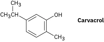 The structure of carvacrol. It is a benzene with hydroxyl on C 1, methyl on C 2, and isopropyl on C 5.