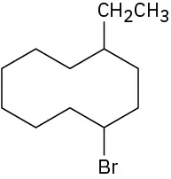 In a 10-membered carbon ring, C1 and C4 are bonded to a bromine atom and an ethyl group, respectively.