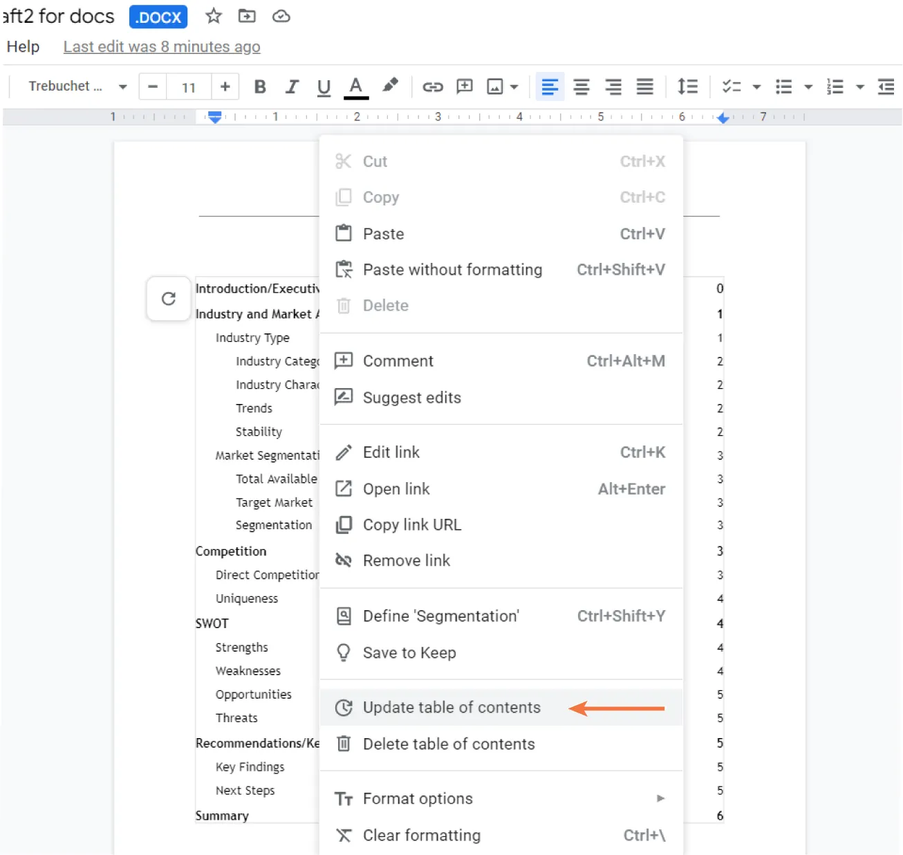 In Google Docs, a Table of Contents is visible in the document. A pane opens to Update table of contents selected.
