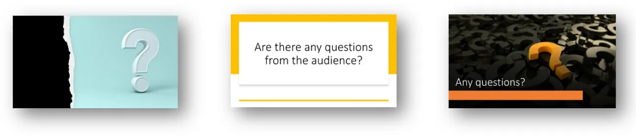 Screenshots of three slides: first one with black and blue colors and a question mark, the middle one with text and minimal colors, and the last one with colors, images, and text.