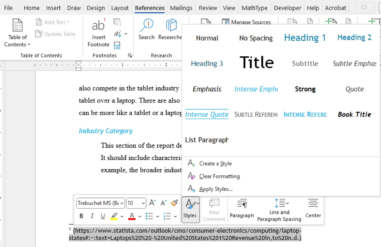 Footnote text is highlighted in a document and Styles is selected. Options are visible for styles of font and Create Style, Clear Formatting, and Apply Styles.
