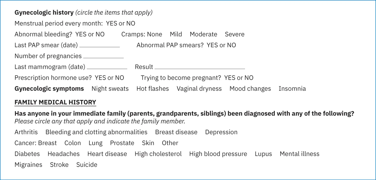 The second page of a blank patient health history form. It includes spaces for sexual history, gynecologic history, gynecologic symptoms, and family medical history.