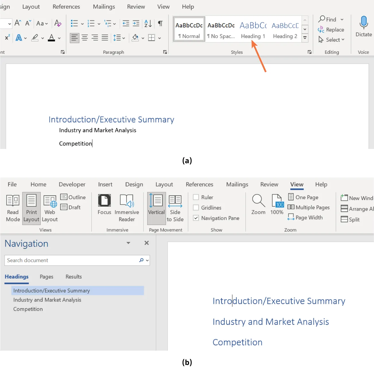 (a) Styles command group displays heading option selected and reflected in document. (b) Print Layout and Vertical tabs selected. Navigation pane Heading tab lists headings in document. Selected headings in document visible.