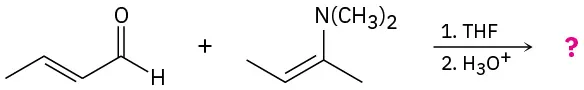 Trans-but-2-enal reacts with (Z)-N,N-dimethylbut-2-en-2-amine in the presence of tetrahydrofuran, then hydronium ion to form an unknown product.