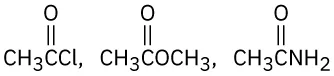 The structures show three carbonyl compounds. The first structure is acetyl chloride, the second is propan-2-one, and the third is acetamide.