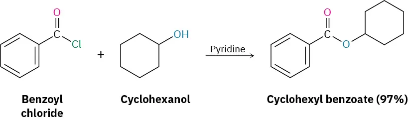 The reaction of benzoyl chloride with cyclohexanol in pyridine forms cyclohexyl benzoate (ninety-seven percent). The product has a cyclohexane ring attached to the oxygen atom of a benzoate group.