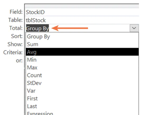 Screenshot of a Total row with a drop-down in the cell with options for: Group By (indicated), Sum, Avg (selected), Min, Max, Count, StDev, Var, First, Last, and Expression.