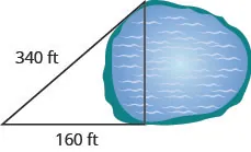 The image shows a right triangle with a horizontal side stretching across a lake, a vertical side on the left labeled a and the hypotenuse connecting the two.