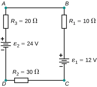 Rysunek przedstawia dodatni zacisk źródła napięcia V ze znakiem 2 o wartości 24 V połączony szeregowo z opornikiem R ze znakiem 3 równe 20 Ω połączony szeregowo z opornikiem R ze znakiem 1 o wartości 10 Ω z dodatnim zaciskiem źródła napięcia V ze znakiem 1 równe 12 V połączone szeregowo z opornikiem R ze znakiem 2 o wartości 30 Ω. 