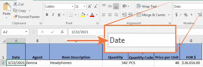 Cell A2 is selected and includes 3/22/2021. A zoomed-in view of the Ribbon shows that “Date” is selected in the Number tab.
