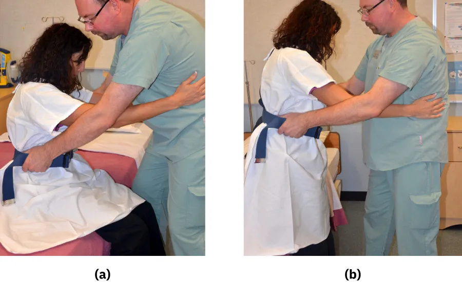 A diagram shows a nurse helping a patient with a gait belt.