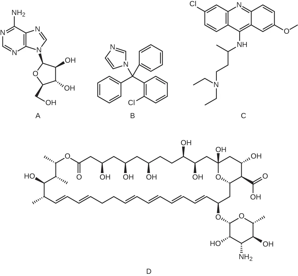 a) Two carbon nitrogen rings with a sugar attached. B) 4 carbon rings attached to a central carbon. C) Three carbon rings attached along their ends with a long carbon chain off the central ring. D) A long carbon chain.