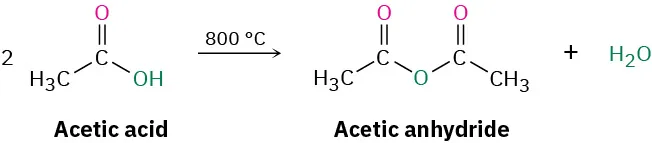 The reaction shows the formation of acetic anhydride and water upom heating of two equivalents of acetic acid at eight hundred degrees Celsius.