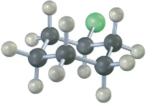 A ball-and-stick model of an alkyl halide comprising a six-carbon chain. The gray, black, and green spheres represent hydrogen, carbon, and chlorine, respectively.