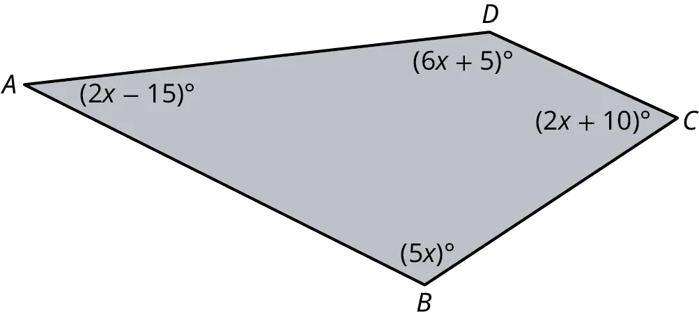 A quadrilateral, A B C D. The angles, A, B, C, and D measure (2 x minus 15) degrees, (5 x) degrees, (2 x plus 10) degrees, and (6 x plus 5) degrees.