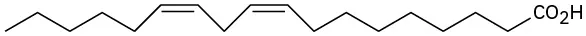 Structure of (9 Z, 12 Z)-9, 12-octadecadienoic acid. C 9 and C 12 are double-bonded with attached groups in Z configuration. C 1 is part of C O O H.