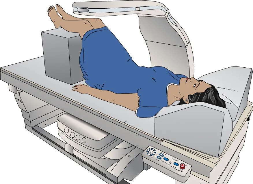 Diagram showing person in DXA scanner machine