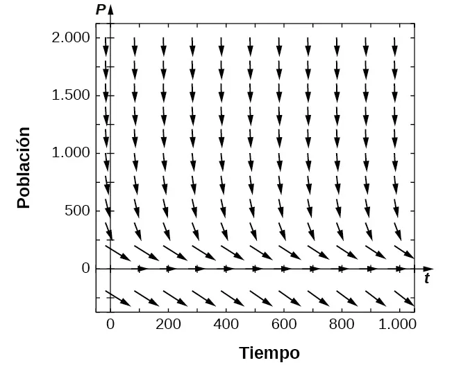 Un campo de direcciones con flechas que apuntan hacia la derecha en P = 0. Por debajo de 0, las flechas apuntan hacia abajo y hacia la derecha. Por encima de 0, las flechas apuntan hacia abajo y hacia la derecha. Cuanto más se alejan de 0, más verticales se vuelven las flechas.