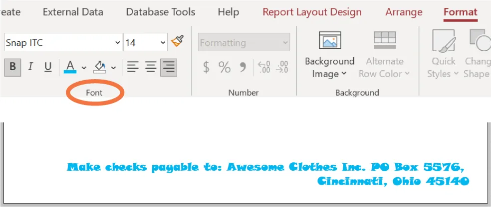 The Font command group is selected from the Format tab. The report displays Snap ITC font in size 14 in a blue color for the text visible.