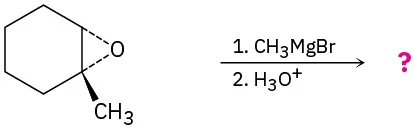 1,2-Epoxy-2-methylcyclohexane reacts with methylmagnesium bromide, then hydronium ion to form an unknown product(s), depicted with a question mark.