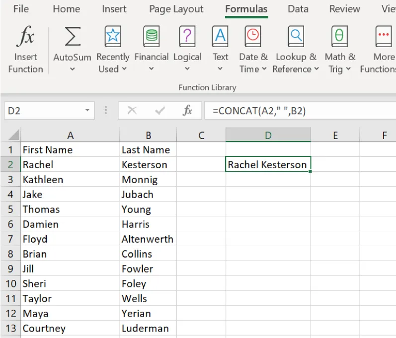 Cell D2 is selected and =CONCAT(A2,” “,B2 is in the formula bar. Cell D2 is populated with Rachel Kesterson.