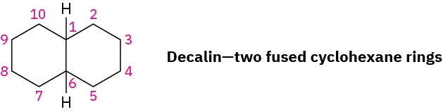 The bond-line structure of decalin featuring two fused cyclohexane rings. All carbon atoms are numbered.